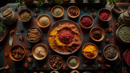 A table full of colorful spices - obrazy, fototapety, plakaty
