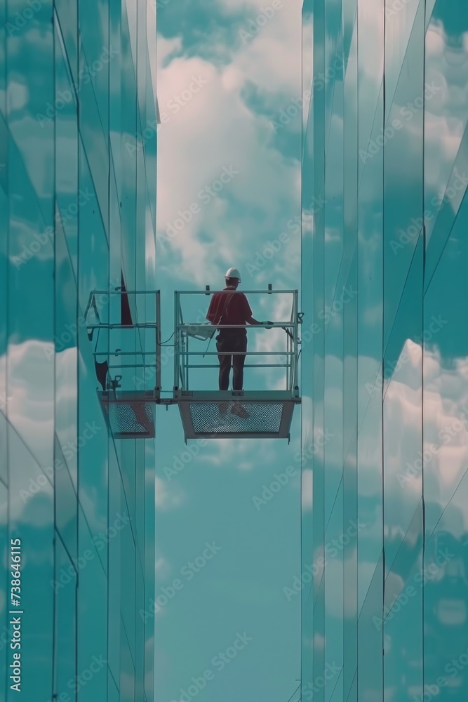 Poster A man stands on a platform in front of a building. This image can be used to depict concepts such as urban architecture, public transportation, or waiting for someone