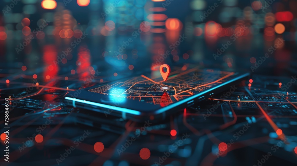 Poster a cell phone placed on top of a map. this versatile image can be used to represent travel, navigatio