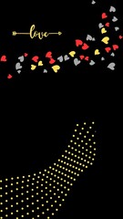 The image features a black background with red, grey, and gold hearts scattered above a gold polka dot curve. The word \"love\" is written in gold above the hearts.