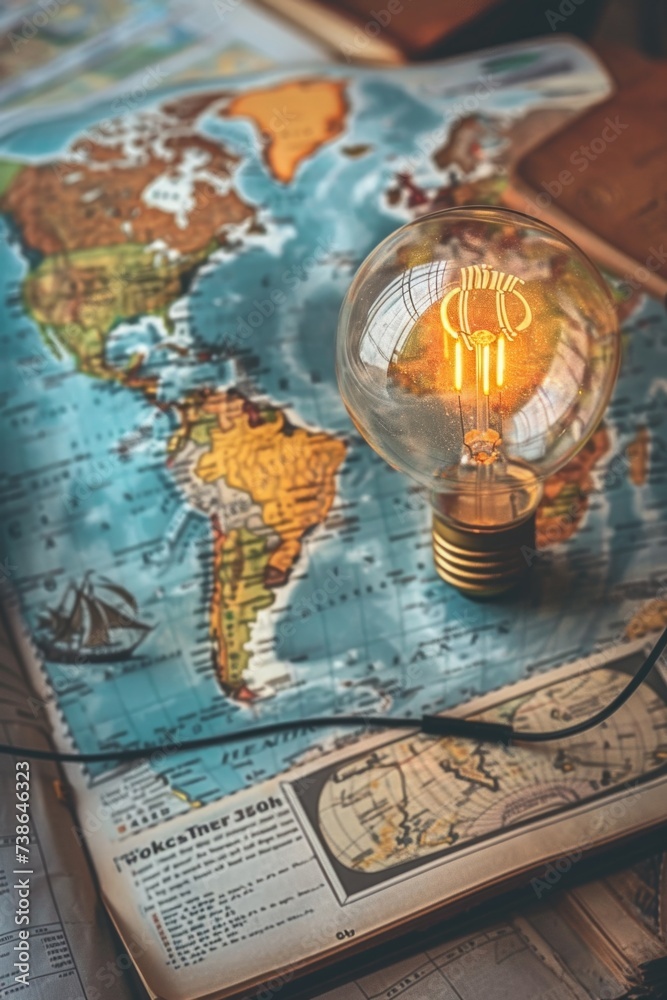 Poster a light bulb sitting on top of a map. perfect for illustrating ideas, concepts, and creativity in a 