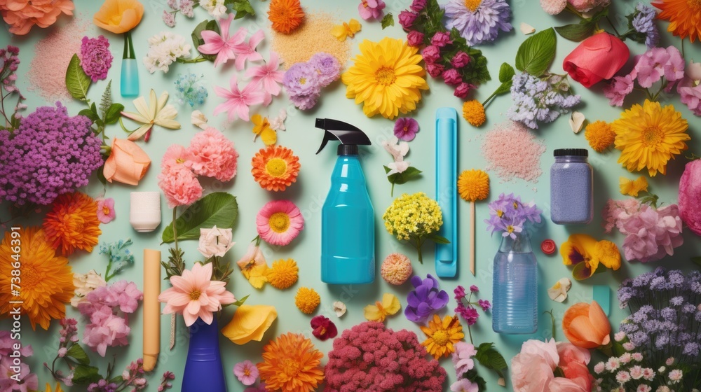 Poster A collection of various colored vases filled with beautiful flowers. Perfect for adding a pop of color to any space