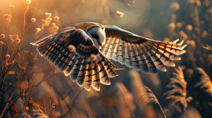 Owl flight. Hunting barn owl wild bird in morning