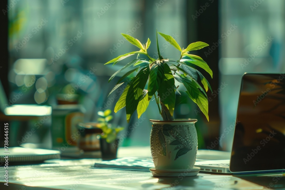 Poster a potted plant sits on top of a table next to a laptop computer. this image can be used to depict a 