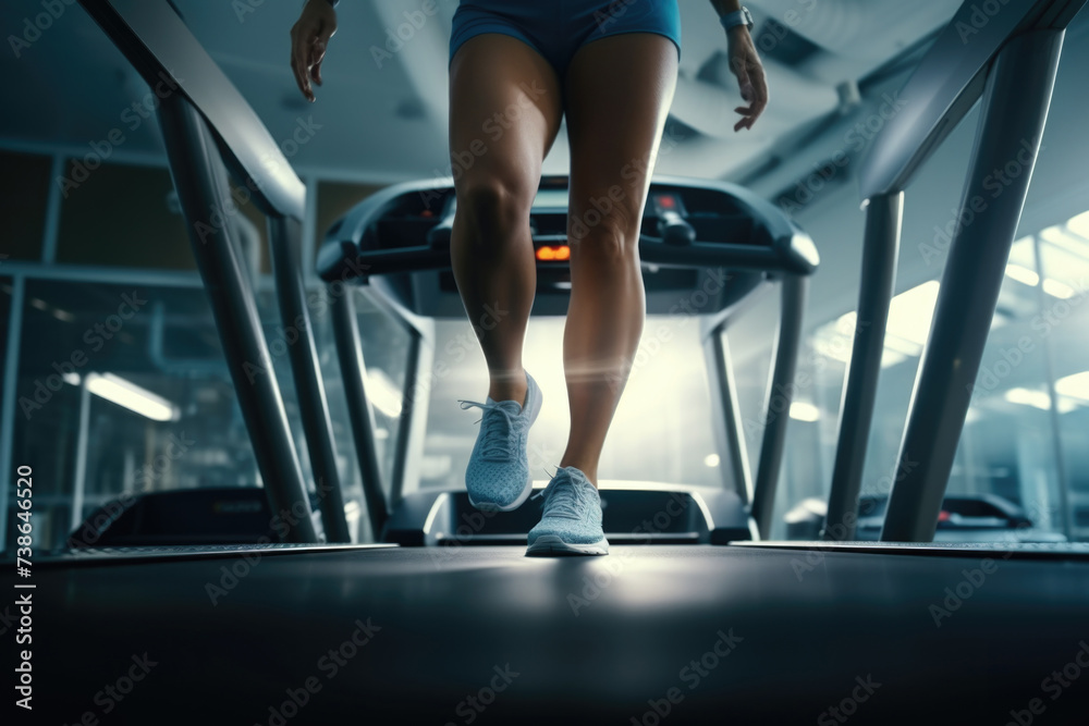 Poster a woman running on a treadmill in a gym. suitable for fitness and exercise concepts