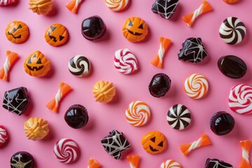 Assorted Halloween candies displayed on a vibrant pink surface. Perfect for Halloween-themed projects or festive events