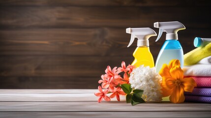Various cleaning products neatly arranged on a table. Ideal for advertisements, blogs, or articles related to cleaning, household chores, or organization