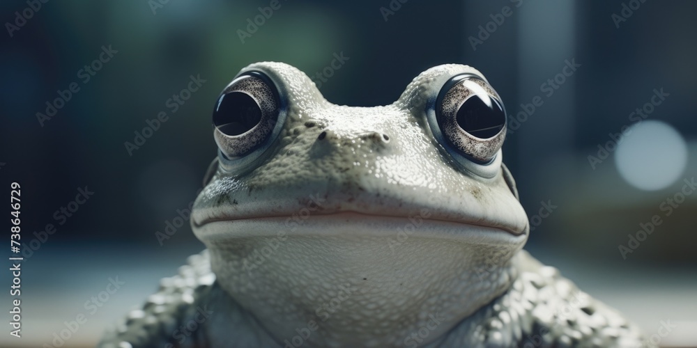 Poster a detailed close-up view of a frog with large eyes. suitable for various purposes
