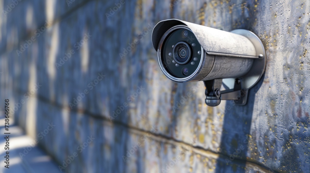 Poster A security camera mounted on the side of a building. Can be used to monitor and ensure safety in various locations