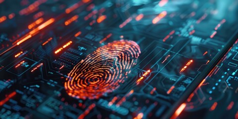 A fingerprint on a computer motherboard. Perfect for illustrating cybersecurity, hacking, or digital forensics.