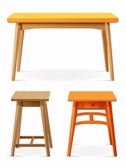 A collection of lifelike furniture pieces for display, including a 3D table, kitchen stand, desk with legs, plastic stage, and wooden dining tabletop.
