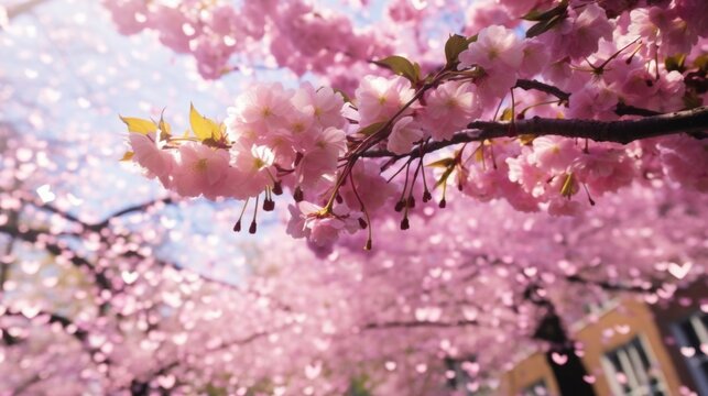 A picture of a tree with pink flowers in front of a building. This image can be used to depict beauty, nature, and architecture