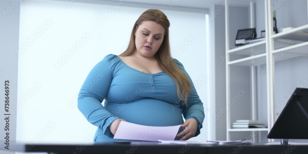 Poster A pregnant woman standing in front of a computer. This image can be used to depict a working pregnant woman or to illustrate the concept of balancing work and pregnancy