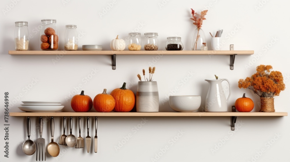 Aufkleber a shelf displaying a collection of various dishes and utensils. perfect for kitchen-related projects