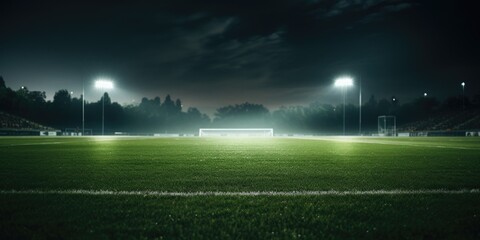 A nighttime view of a soccer field illuminated by floodlights. Perfect for sports enthusiasts or soccer-themed projects