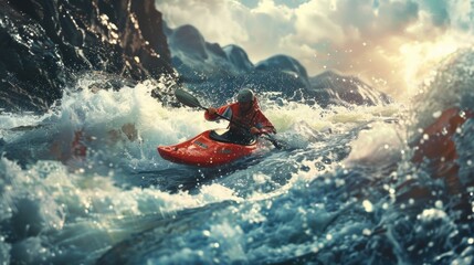 A man in a red kayak paddling through a wave. Suitable for water sports and adventure themes