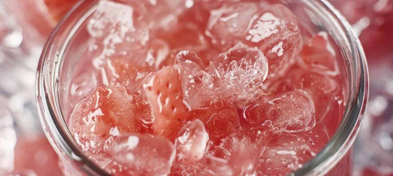 A close-up view of a glass filled with ice cubes. This image can be used to depict refreshment, cold beverages, summer drinks, or cocktails.