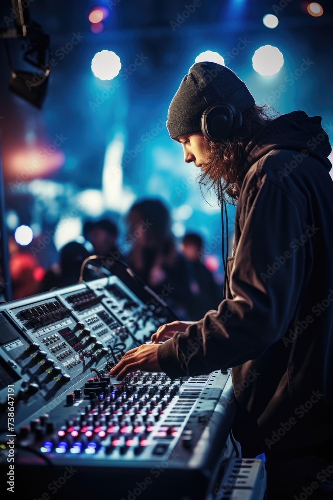 Poster a man wearing a beanie is playing music on a mixer. this image can be used to depict a dj or musicia