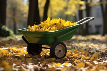 A green wheelbarrow filled with vibrant yellow leaves. Perfect for autumn-themed projects and gardening illustrations