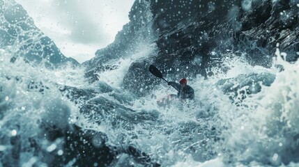 A person in a kayak skillfully paddling through a wave. Perfect for adventure sports and outdoor...