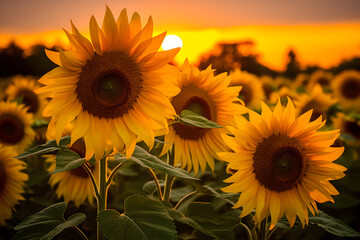 Obraz premium Sunflower field at sunset. Beautiful landscape with sunflower field at sunset.
