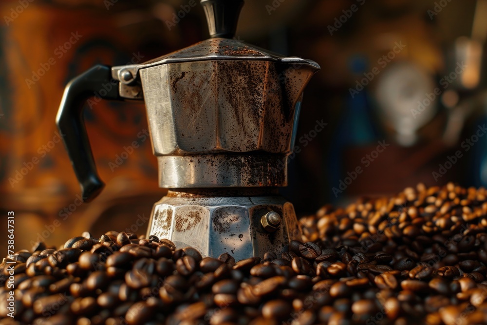 Poster a coffee maker is placed on top of a pile of coffee beans. this image can be used to depict the proc
