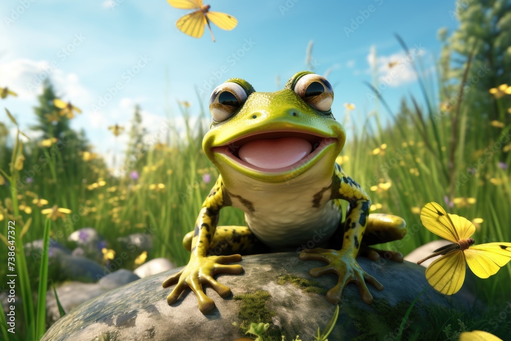 Poster a frog sitting on top of a rock in a field. suitable for nature and wildlife themes