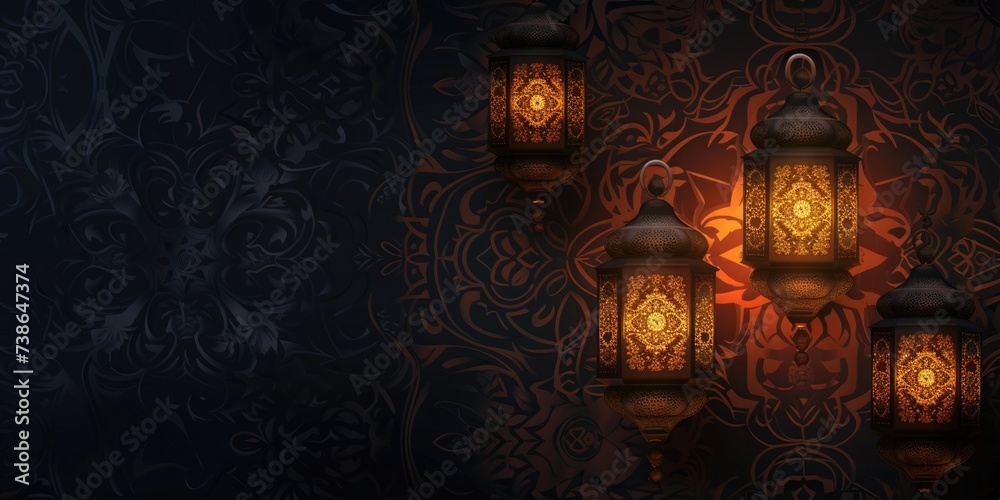 Aufkleber A group of lanterns illuminated and placed against a wall. Can be used to add a warm and cozy ambiance to any setting