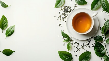 Tea with leafy green and leafy syrup over a white setting and big copy space, Generative AI. - obrazy, fototapety, plakaty