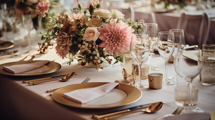 Zastawa stołowa na przyjęciu weselnym - dekoracja stołu weselnego w ogrodzie przez florystę i dekoratora. Piękne bukiety kwiatów na stoliku - obrazy, fototapety, plakaty