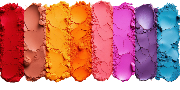 Collection of colorful makeup swatches on white or transparent background