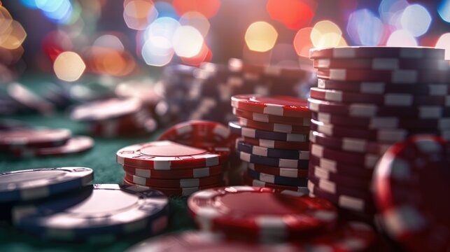 A stack of poker chips placed on a vibrant green table. This image can be used to depict gambling, casinos, or game nights