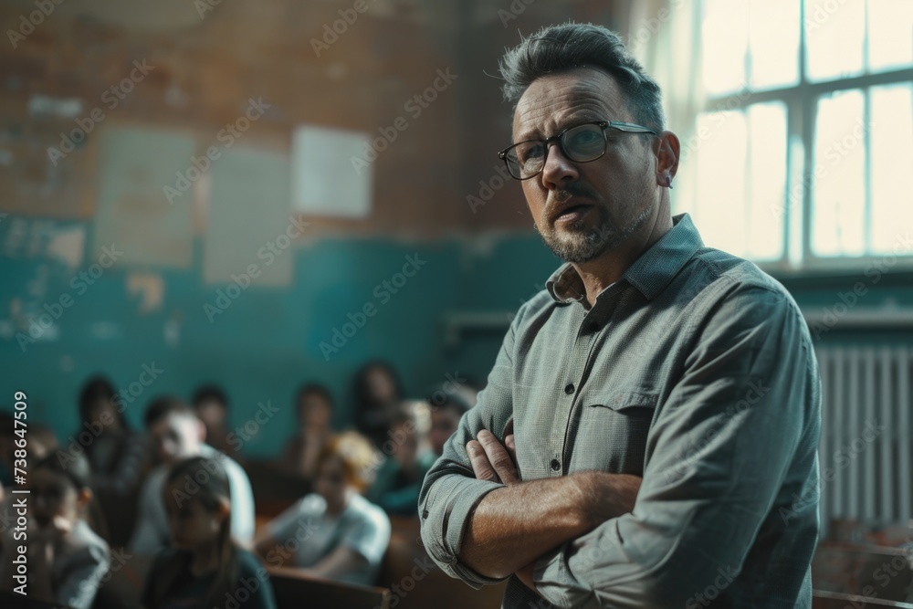 Poster a man standing in front of a classroom full of students. suitable for educational and academic theme