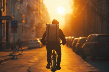 A man riding a bike down a street at sunset. This picture can be used to depict an active lifestyle or as a transportation concept