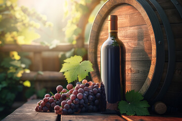 Beautiful background of a bottle of red wine without a label, grapes and a wooden barrel on a wooden table with beautiful sun rays in the background, wine advertising with space for text

