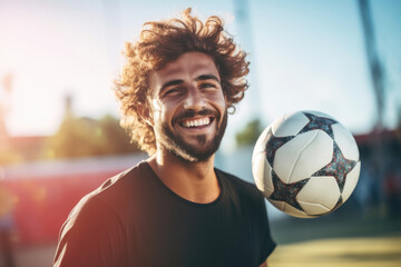 A man with curly hair holding a soccer ball. Great for sports and fitness themed designs