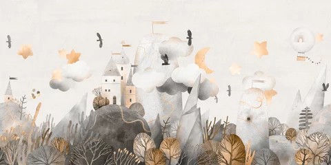 Wandcirkels Sprookjeswereld Watercolor fairytale landscape. Castle on a hill in the mountains. Fairy forest. Dreams. Horizontal background. Gray background.  © bukhavets