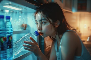 Woman looking in refrigerator with a bottle of water. Suitable for lifestyle and healthy living concepts - obrazy, fototapety, plakaty