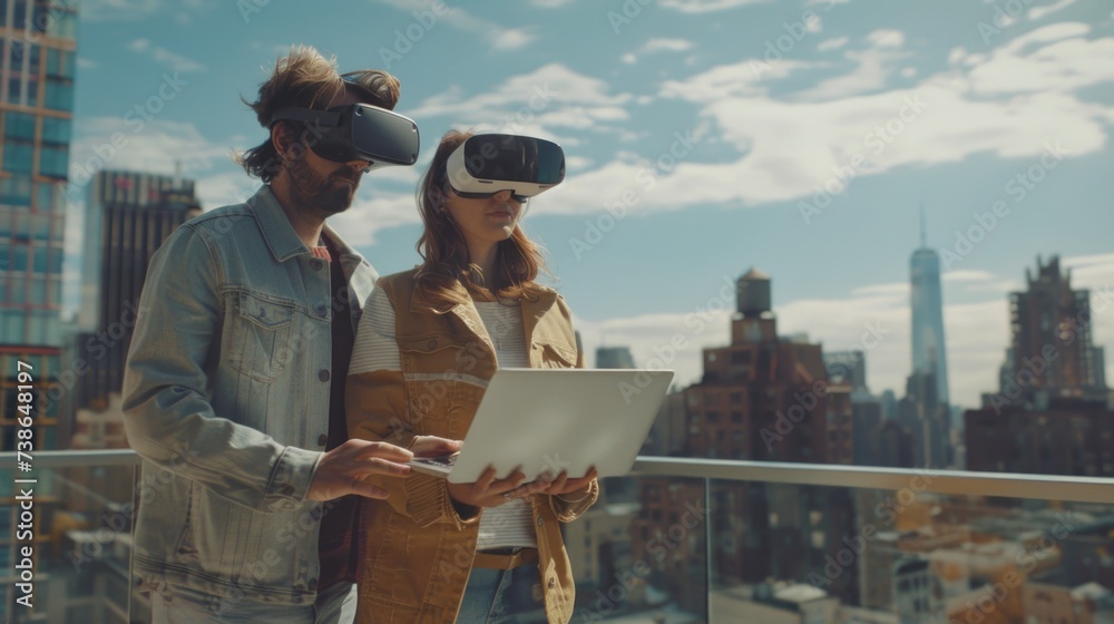 Poster a couple experiencing virtual reality. suitable for technology concepts