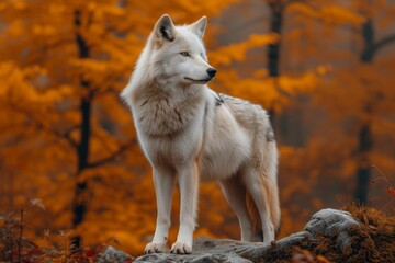 Obraz premium A majestic white wolf surveys the autumn landscape from atop a rugged rock, embodying the untamed spirit of nature and the fierce beauty of the canis species