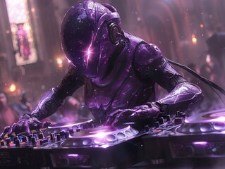 Demon DJ spinning pulsar beats a dance floor alive with alien lifeforms