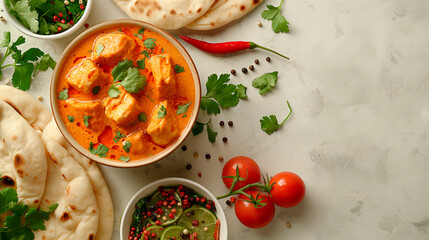 Fresh and delicious indian curry with chicken, naan bread, tomatoes, herbs and chili.