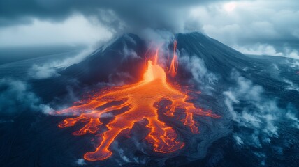 The mighty shield volcano roars with fiery fury as molten lava spews from its fissure vent, engulfing the serene mountain landscape in a chaotic display of heat and smoke