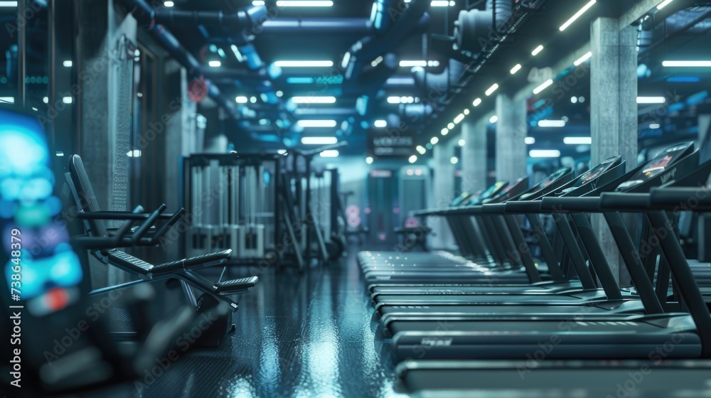 Poster a row of treadmill machines in a gym, ideal for fitness and exercise concept