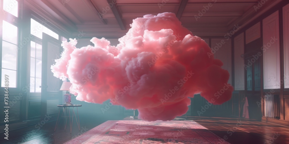 Poster a large cloud of pink smoke in a room. can be used for various design projects