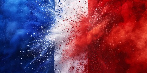 Vibrant French flag bursting with blue, white, and red holi powder on a white background, representing the celebration of France, European culture, and travel. - obrazy, fototapety, plakaty
