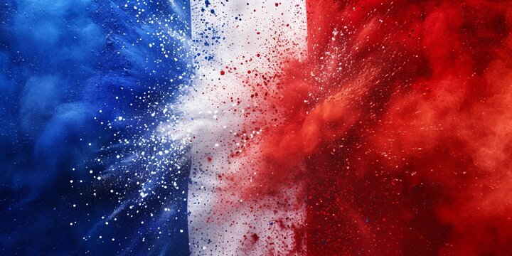 Vibrant French flag bursting with blue, white, and red holi powder on a white background, representing the celebration of France, European culture, and travel.