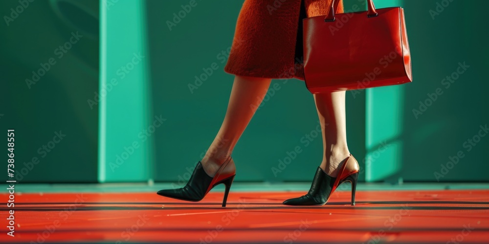 Poster Fashionable woman in high heels with a red bag, perfect for lifestyle and shopping concepts