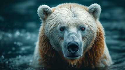 Obraz premium A majestic polar bear gracefully glides through the crystal clear water, showcasing its powerful snout and embodying the wild beauty of these incredible terrestrial animals