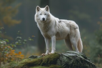 Obraz premium A majestic white wolf commands attention as it stands tall on a rugged rock, its snout raised towards the wild grasses of its natural habitat